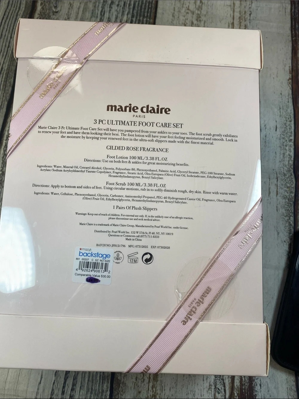 Marie Claire Gilded Rose 3 Pc Ultimate Foot Care Set w/ Plush Slippers NIB